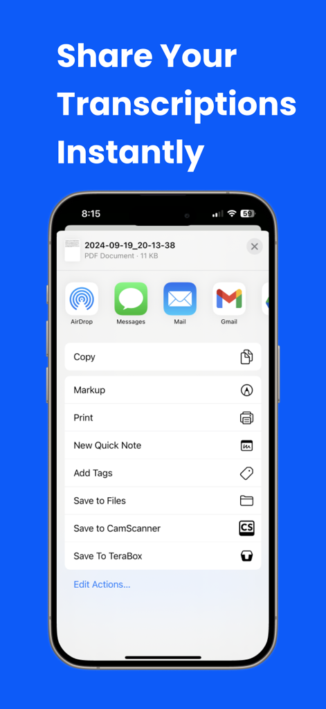 iPhone screenshot of the share sheet in the Voice To Text Transcribe Pro app showing options to export transcriptions via email messages and files
