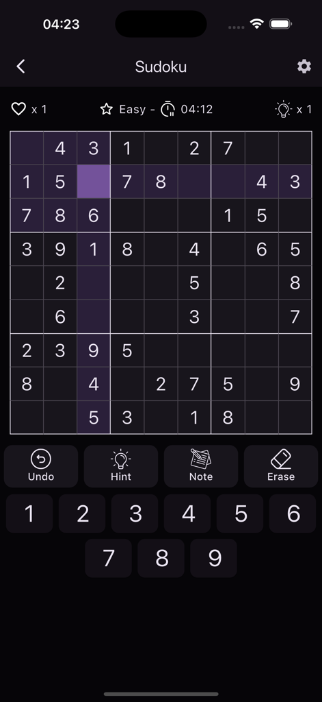 Sudoku - No Ads & Offline - Interface of the Sudoku No Ads and Offline mobile game featuring a dark mode puzzle grid and navigation buttons