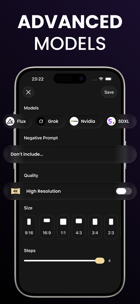 Raphael: AI Image Generator - iPhone screen showing advanced AI model settings in the Raphael app including Flux Grok and Nvidia options