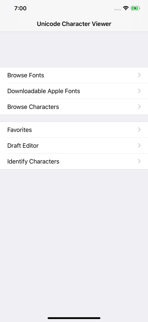 Main menu of the Unicode Character Viewer app showing options for browsing fonts, characters, and favorites