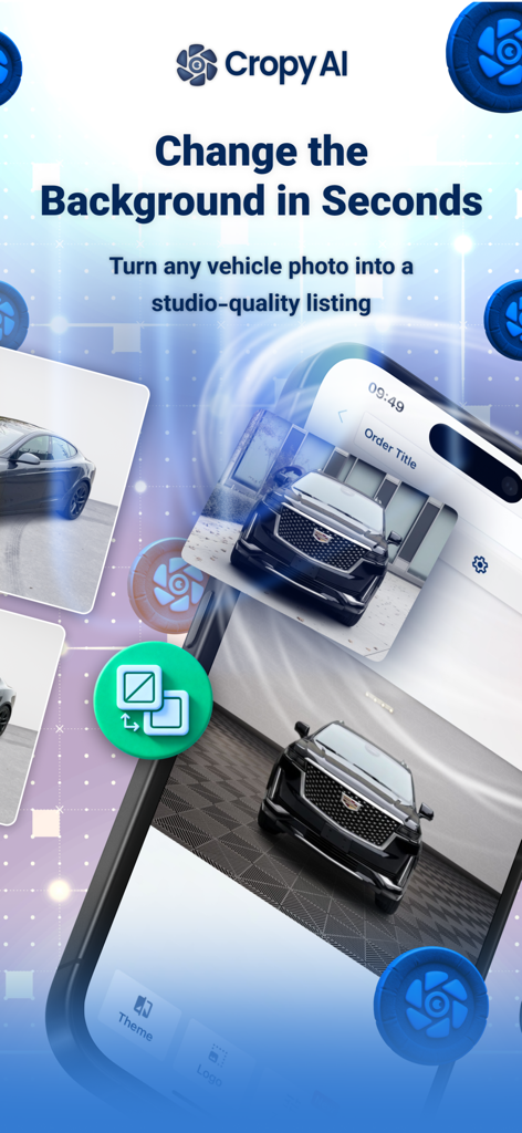 Cropy AI: Car Studio - Cropy AI app interface showing how to change vehicle backgrounds for professional studio quality listings.