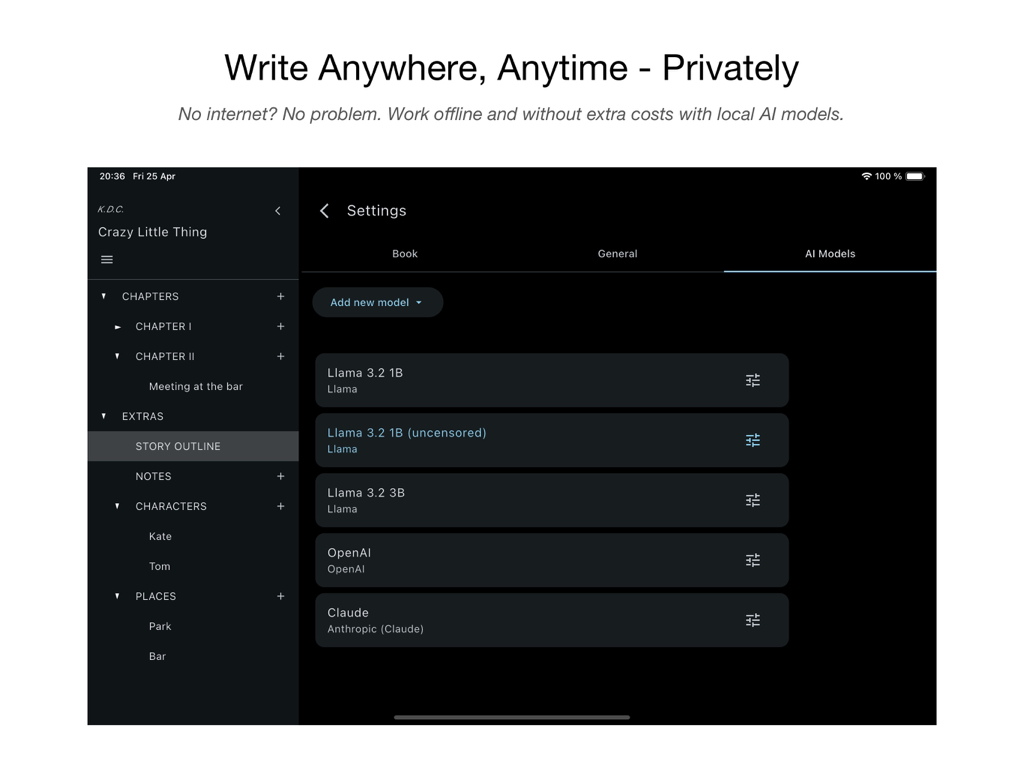 neverlabs AI Writer - La pantalla de configuración de Modelos de IA en la aplicación neverlabs AI Writer mostrando opciones para modelos de IA locales Llama y basados en la nube.