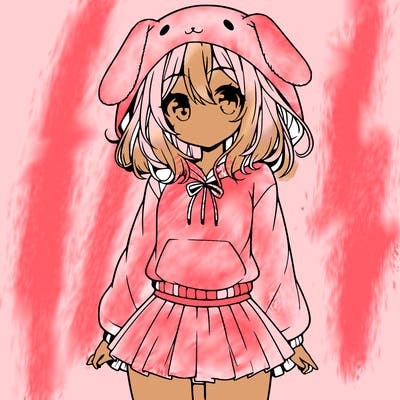 pretty anime girl wearing a fluffy hoodie with bunny ears on the hood and a skirt
