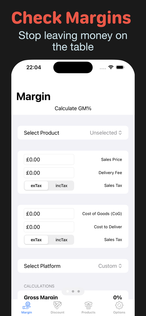 Mobile app screen showing a gross margin calculator with fields for sales price delivery fees and cost of goods