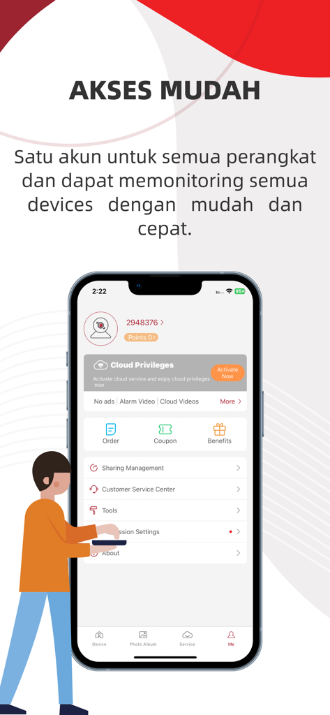 Pantalla de configuración de cuenta y gestión de usuario en la aplicación móvil PROVIEW CCTV.