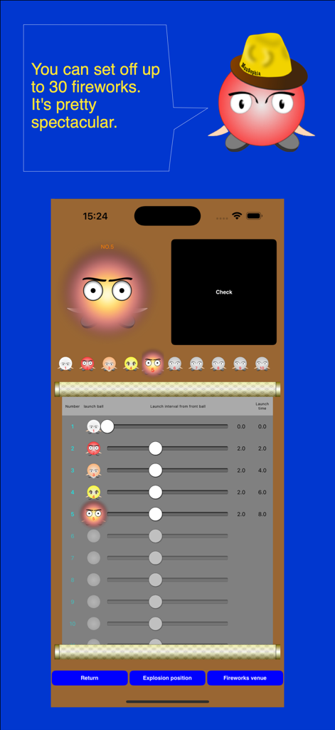 Let's start fireworks festival - A menu interface within the app showing sliders to set launch intervals and timing for up to 30 fireworks.