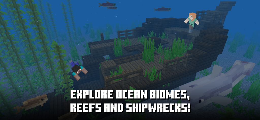 Minecraft: Dream it, Build it! - Dos personajes de Minecraft nadando cerca de un naufragio submarino en un bioma oceánico