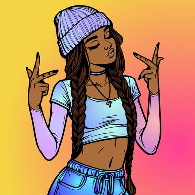 realistic teenage girl with braids and a beanie and crop top doing 🫶🏼