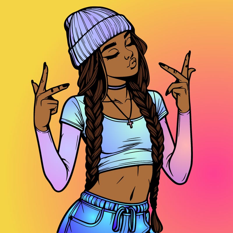 realistic teenage girl with braids and a beanie and crop top doing 🫶🏼