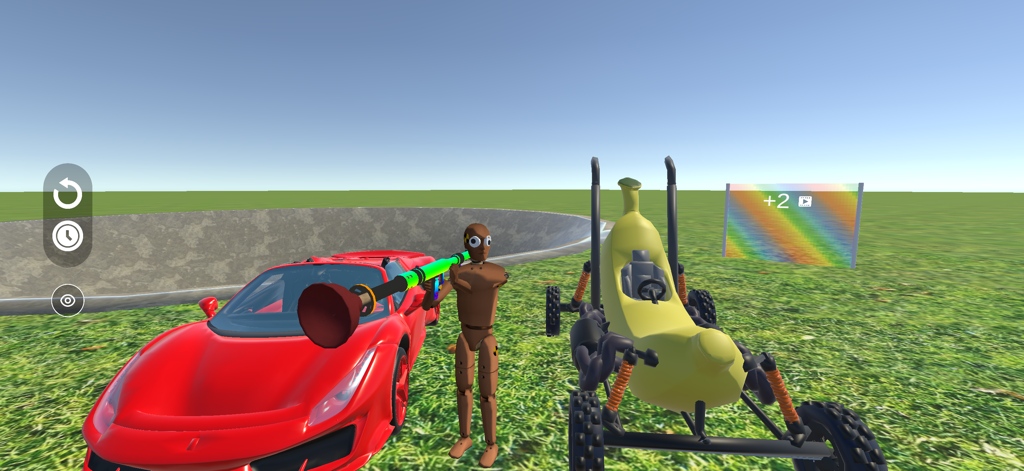 Ragdoll Sandbox 3D - A ragdoll character holding a bazooka next to a red sports car and a banana vehicle in a physics sandbox field