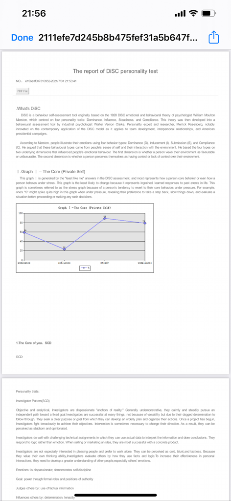 Psychological test-DiSC test - DiSC性格診断テストの詳細レポート。コア行動グラフと特性の説明が表示されています。