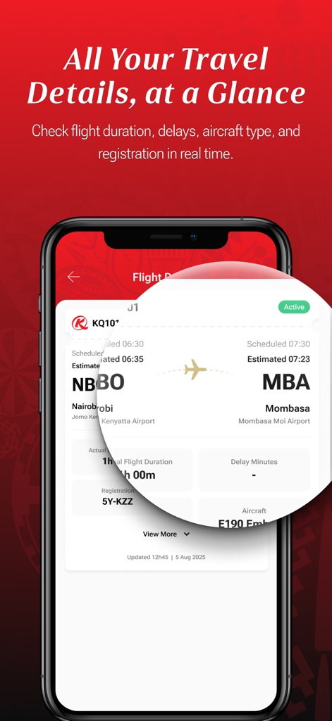 Kenya Airways - フライト時間、航空機タイプ、登録情報など、ケニア航空のリアルタイムフライト情報が表示されたモバイル画面。