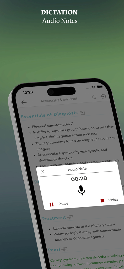 Pantalla de teléfono inteligente que muestra la función de dictado de notas de audio dentro de la aplicación médica Cardiología: Diagnóstico y Tratamiento