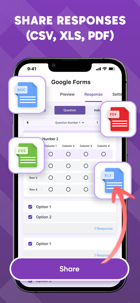 モバイルアプリ画面に、CSV、XLS、PDF形式でGoogleフォームの回答を共有およびエクスポートするオプションが表示される