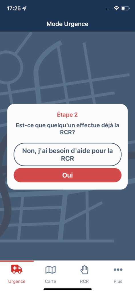 AED Quebec mobile app emergency mode screen asking if someone is already performing CPR
