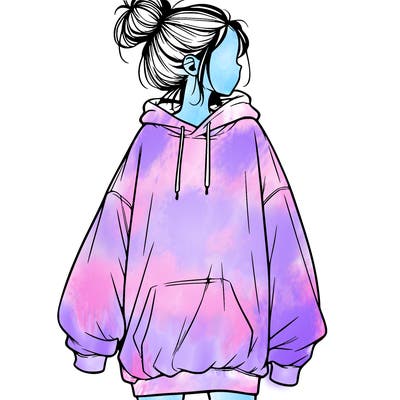 realistic girl with a oversized sweatshirt on and a bun