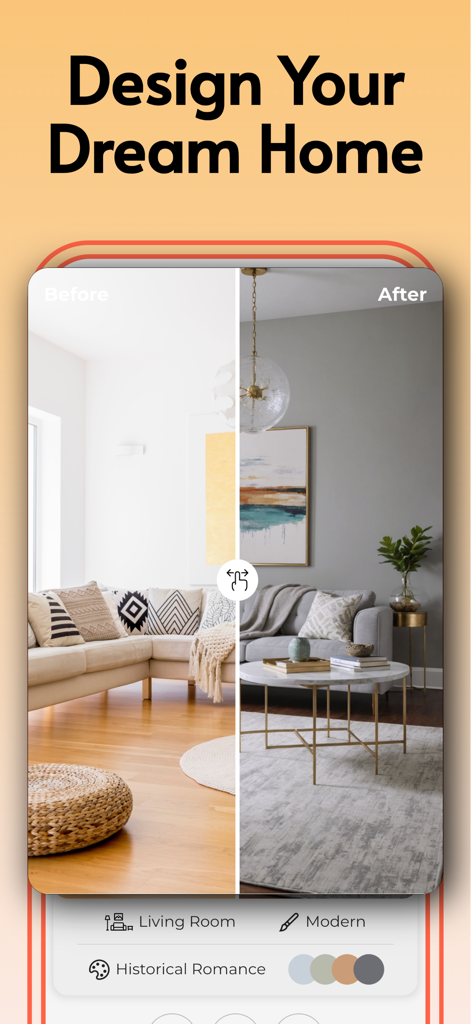 Una comparación de antes y después de un rediseño de sala de estar utilizando la aplicación Interior AI que muestra una transformación moderna