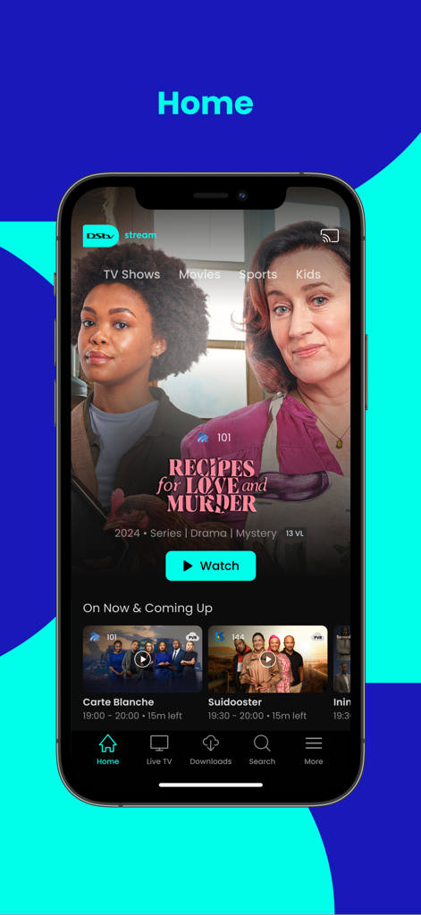 DStv Stream - Pantalla de inicio de la aplicación DStv Stream que muestra programas de televisión y películas africanas en un iPhone