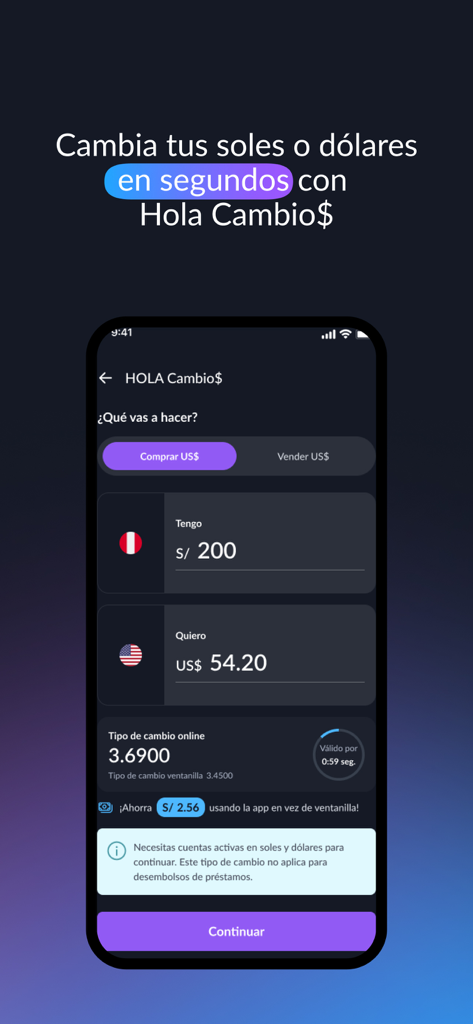 Nueva BanBif App - Pantalla de cambio de divisas en la Nueva BanBif App que muestra una conversión de Soles peruanos a Dólares estadounidenses utilizando la función HOLA Cambio.