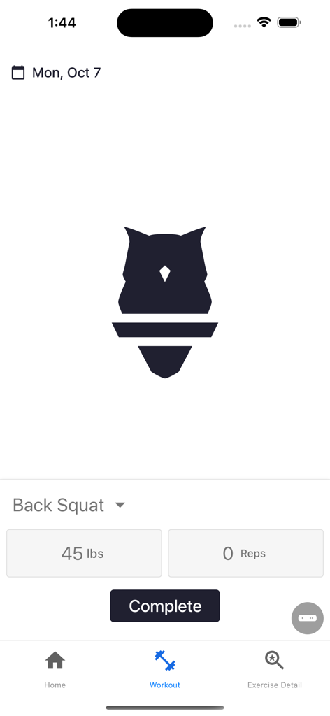 Perch Fitness - Perch Fitness app screen for logging a back squat workout session with weight and rep inputs.