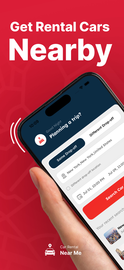 Uma mão segurando um smartphone mostrando a interface de busca de aluguel de carros com o local definido para Nova York