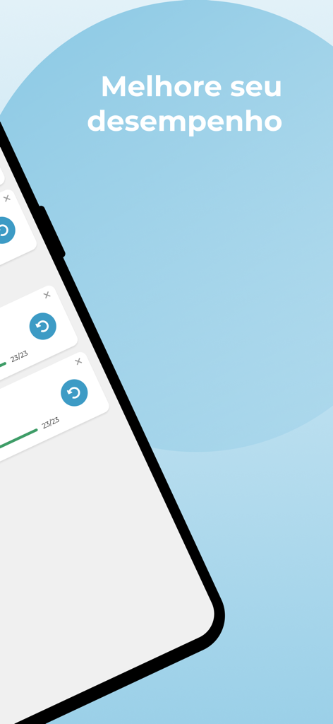 Interface of the Concurso Publico app showing study progress cards and the text Melhore seu desempenho