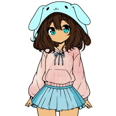 pretty anime girl wearing a fluffy hoodie with bunny ears on the hood and a skirt