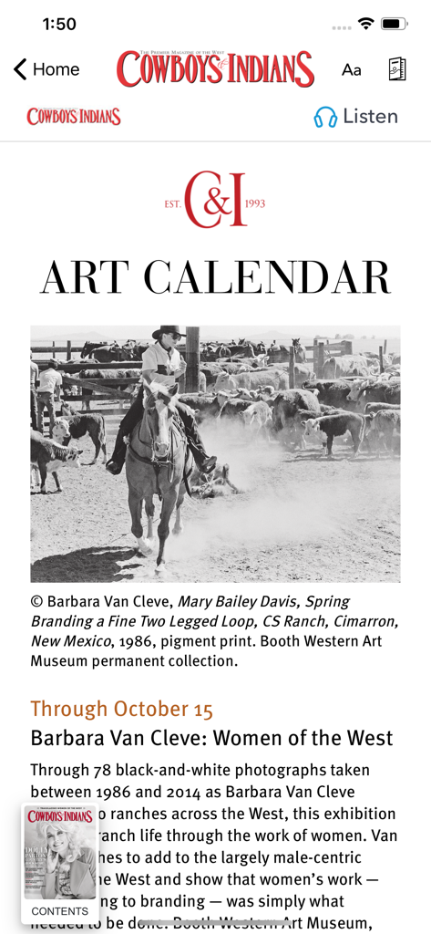Cowboys and Indians magazine app art calendar section featuring a western photography exhibition
