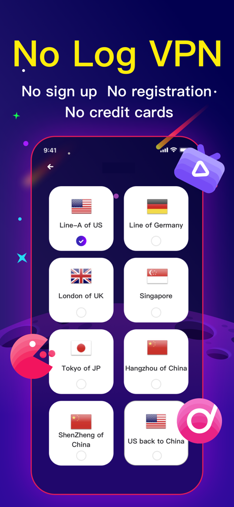 PlanBooster VPN app interface showing international server options including Hangzhou and Shenzhen for returning to China network