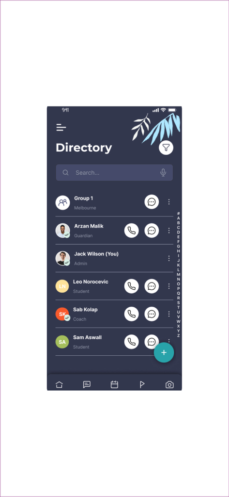 Outcoach - Directorio de miembros de la aplicación móvil Outcoach que muestra una lista de contactos para entrenadores, estudiantes y padres