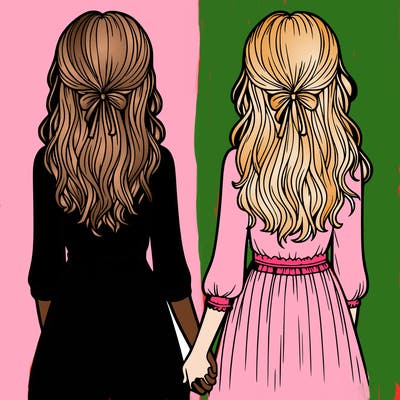 two realistic looking girls standing with backs facing the paper and they are holding hands