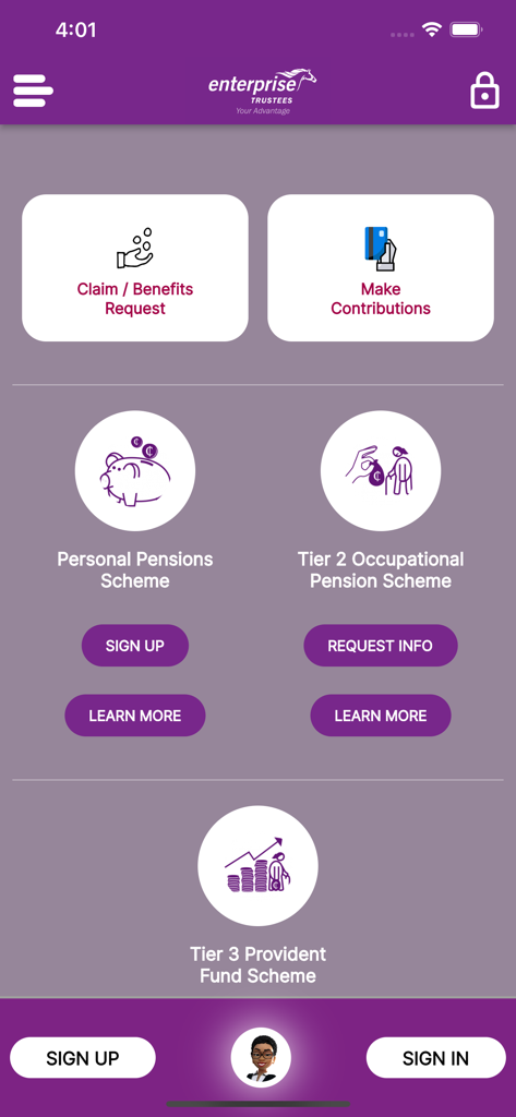 Enterprise Advantage - Interface of the Enterprise Advantage app displaying various pension and provident fund schemes