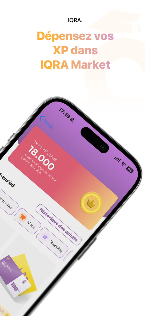 Interface of the IQRA app rewards market showing XP points and gift vouchers.