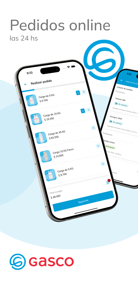 Gasconnect - Interface de l'application Gasconnect sur un smartphone montrant différentes tailles et prix de bouteilles de gaz pour la commande en ligne