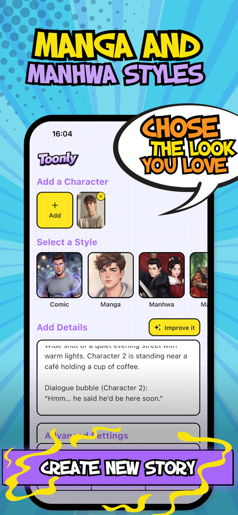 Toonly app interface showing character addition and style selection for AI generated manga and manhwa comics
