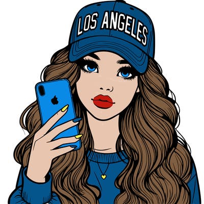 realistic beautiful girl wearing los ángeles cap holding an iphone