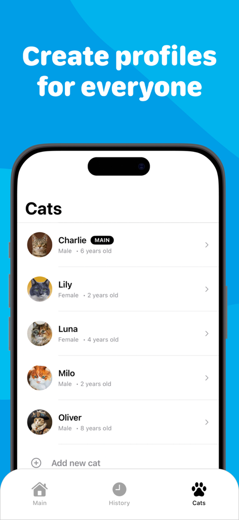고양이 번역기 앱에서 이름, 나이, 사진을 포함한 고양이 프로필 목록을 보여주는 모바일 화면