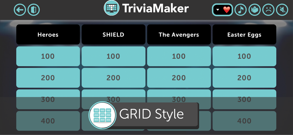 Trivia Maker - Quiz Creator - Un tablero de juego de trivia estilo Jeopardy con categorías como Héroes y Los Vengadores utilizando el diseño de estilo CUADRÍCULA.