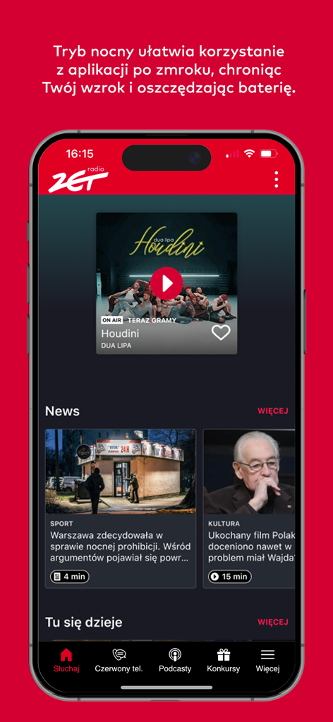 Radio ZET mobile app interface displaying night mode feature with music player and news articles in Polish