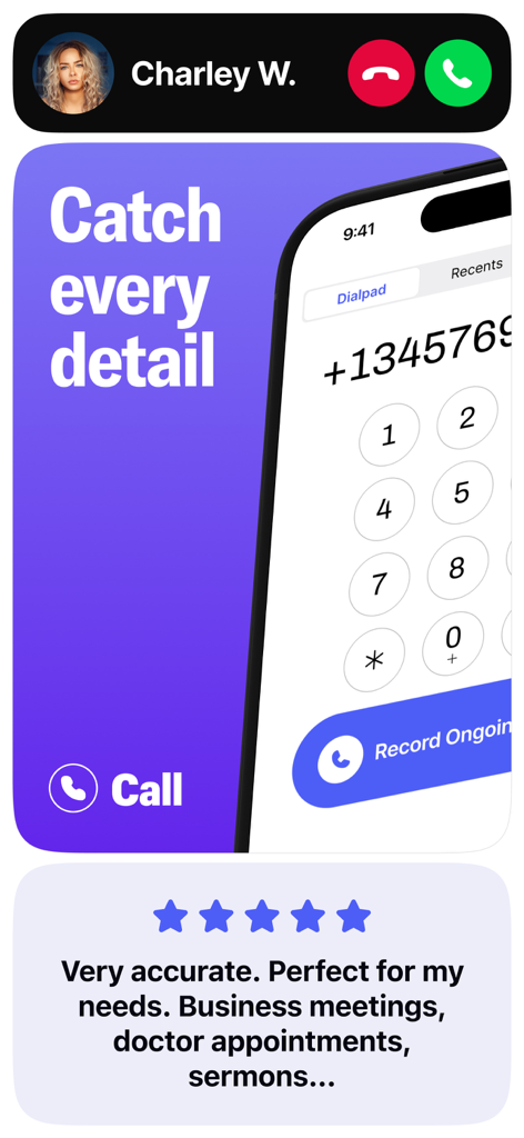 Interfaz de la aplicación Wave AI mostrando la función de grabación de llamadas telefónicas y una reseña positiva de usuario sobre la precisión