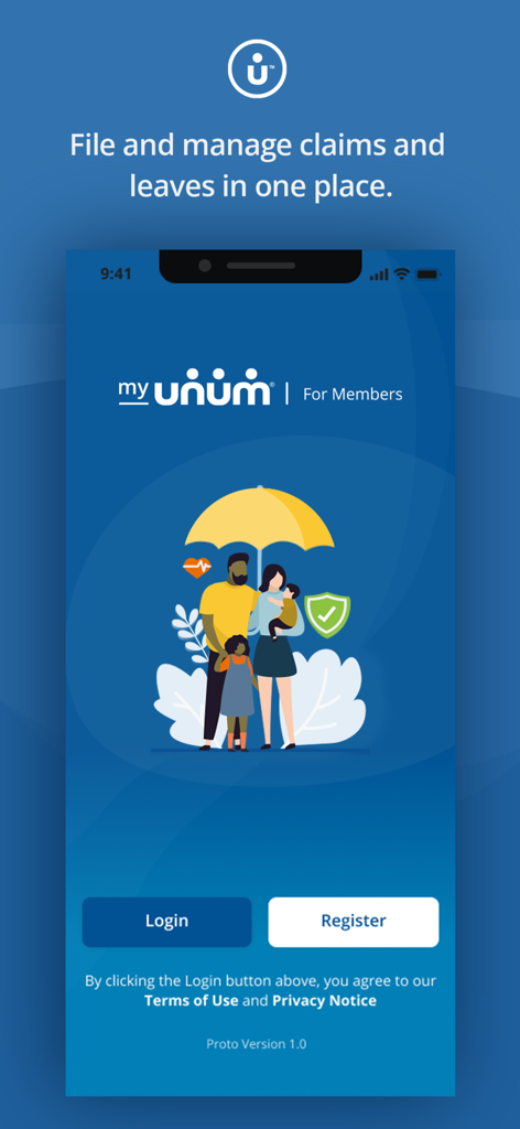 MyUnum for Members - Login screen of MyUnum for Members app with family illustration under an umbrella.