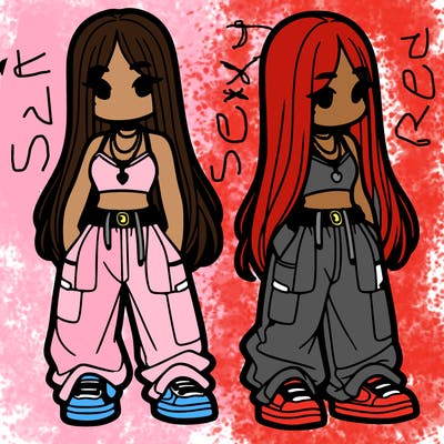 girl in baggy pants crop top and long hair