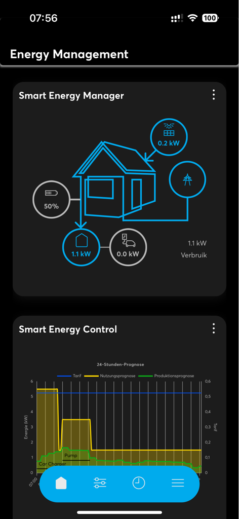 Interfaz de gestión inteligente de energía de KNX APP-Control que muestra la producción solar y el consumo de energía del hogar