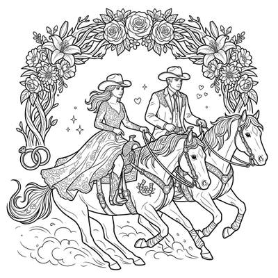 Gallop into romance with this unique coloring page featuring reining riders celebrating their wedding. A cowboy and cowgirl ride majestically on horseback beneath a beautiful floral arch, ready for your creative touch.