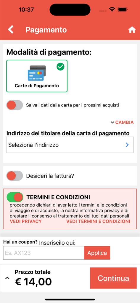 DiCarloBus mobile app payment screen showing credit card selection and total trip price