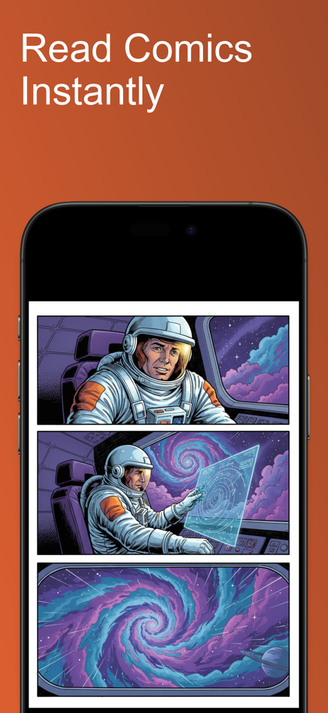 ComicFlow - CBR & CBZ to PDF - An iPhone displaying the ComicFlow app interface reading a space themed comic book