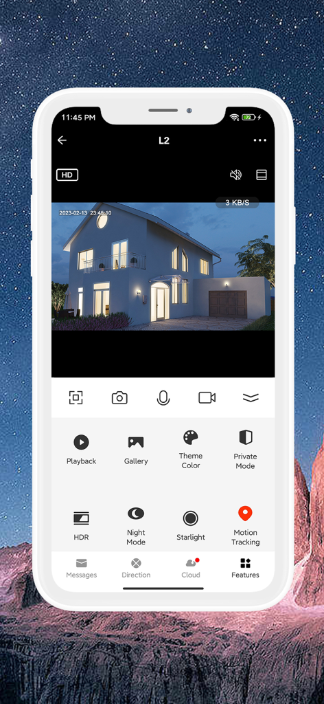LaView - LaView app interface showing a live security camera feed of a house at night with controls for motion tracking and night mode