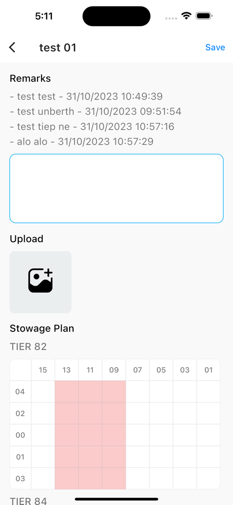 IMPL ERP - Pantalla del módulo de operaciones de IMPL ERP que muestra una cuadrícula de plan de estiba e historial de observaciones de tareas
