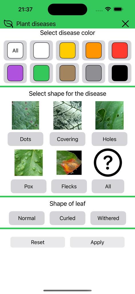 Manual identification screen for plant diseases using color and shape filters