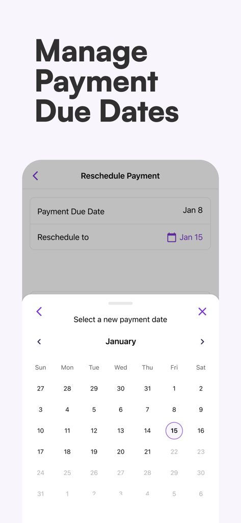 Sezzle - Buy Now, Pay Later - Écran de l’application mobile Sezzle montrant comment reprogrammer un paiement à l’aide d’un sélecteur de calendrier